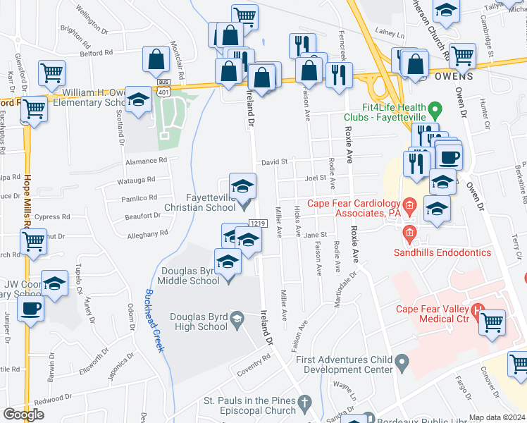 map of restaurants, bars, coffee shops, grocery stores, and more near 1425 Ireland Drive in Fayetteville