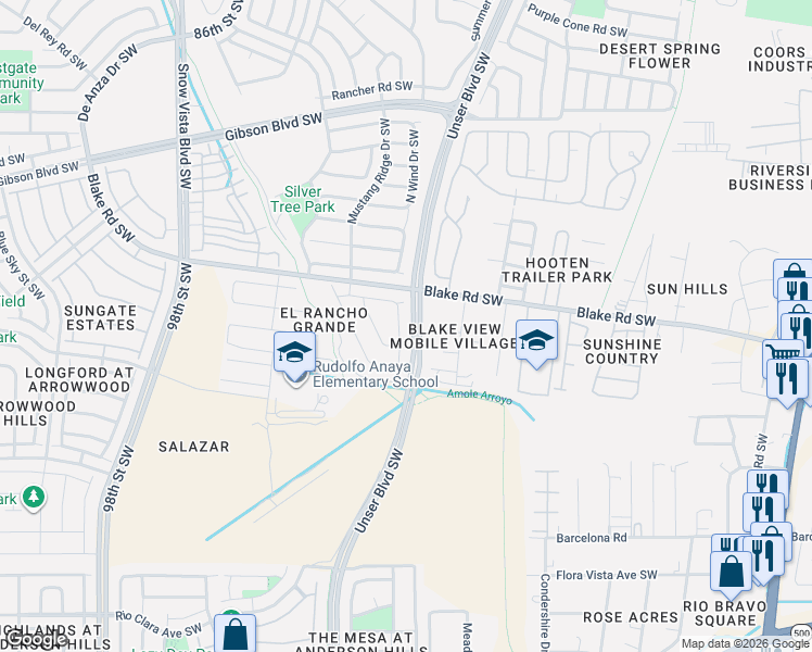 map of restaurants, bars, coffee shops, grocery stores, and more near 2776 Jesse James Drive Southwest in Albuquerque