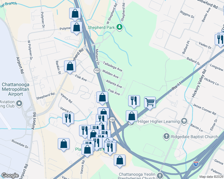 map of restaurants, bars, coffee shops, grocery stores, and more near 6312 Fisk Avenue in Chattanooga