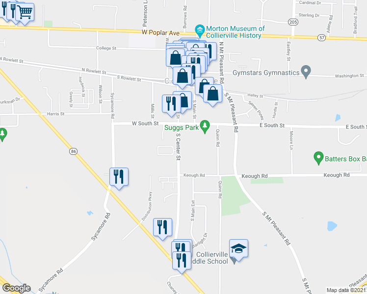 map of restaurants, bars, coffee shops, grocery stores, and more near 292 South Center Street in Collierville