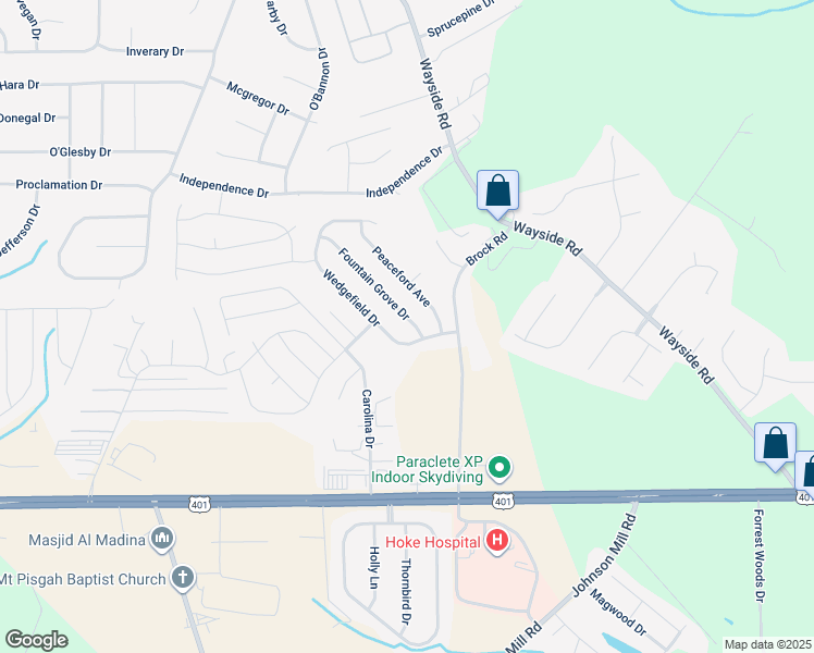 map of restaurants, bars, coffee shops, grocery stores, and more near 145 Fountain Grove Drive in Raeford