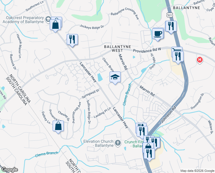 map of restaurants, bars, coffee shops, grocery stores, and more near 15412 Scholastic Drive in Charlotte