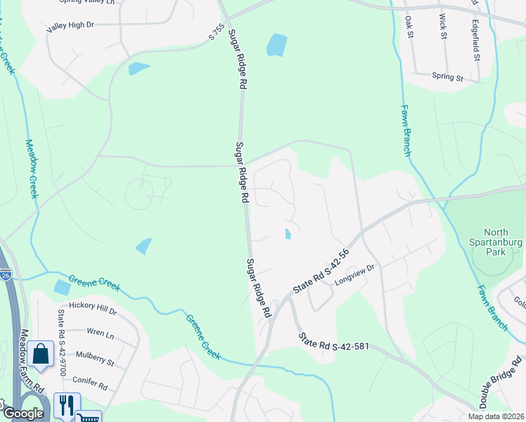 map of restaurants, bars, coffee shops, grocery stores, and more near 2341 Sugar Ridge Road in Boiling Springs