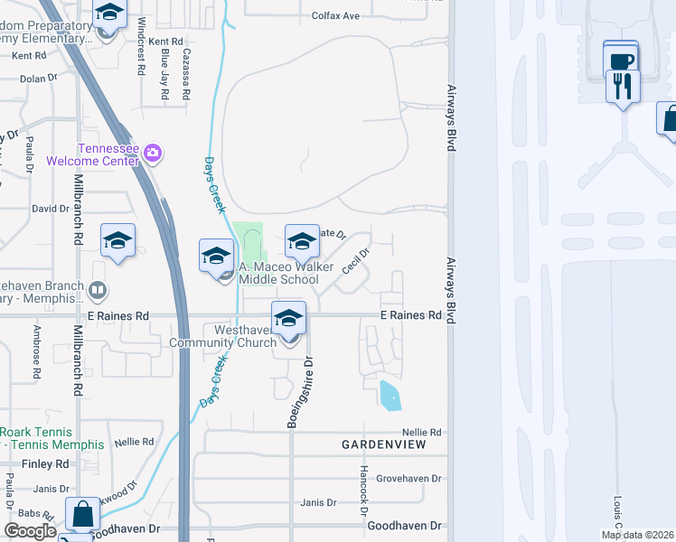 map of restaurants, bars, coffee shops, grocery stores, and more near 4095 Cecil Drive in Memphis