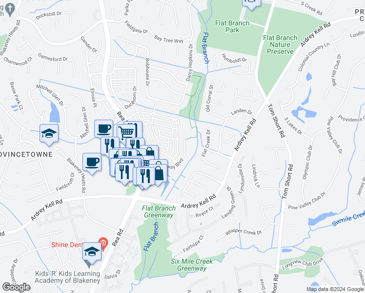 map of restaurants, bars, coffee shops, grocery stores, and more near 13031 Bullock Greenway Boulevard in Charlotte