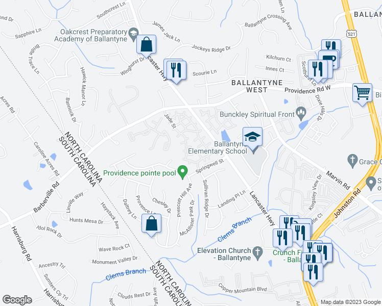 map of restaurants, bars, coffee shops, grocery stores, and more near 15212 Loire Valley Street in Charlotte