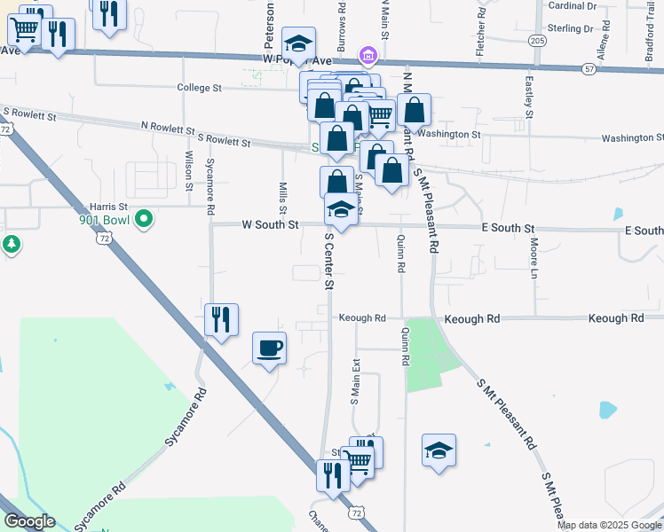 map of restaurants, bars, coffee shops, grocery stores, and more near 292 South Center Street in Collierville