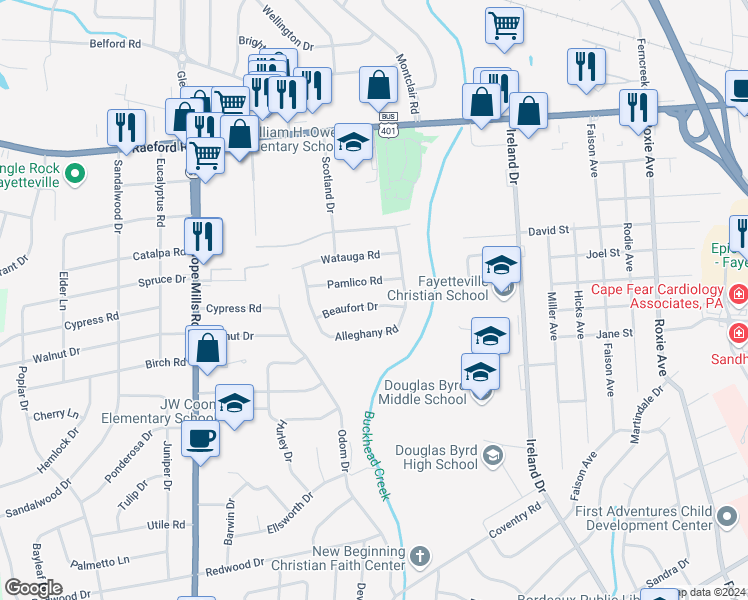 map of restaurants, bars, coffee shops, grocery stores, and more near 4708 Beaufort Drive in Fayetteville