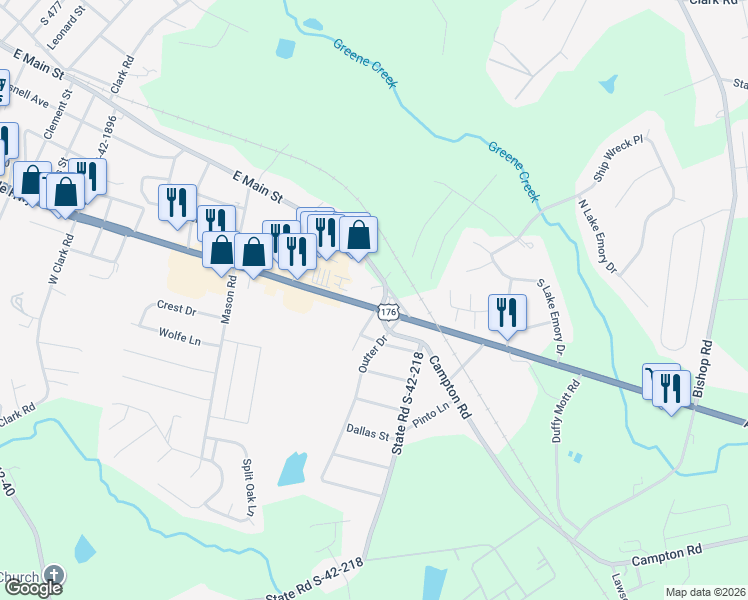map of restaurants, bars, coffee shops, grocery stores, and more near 11010 Asheville Highway in Inman
