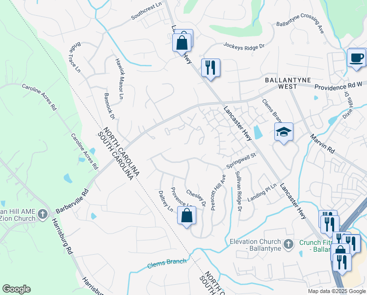 map of restaurants, bars, coffee shops, grocery stores, and more near 12341 Paperbark Circle in Charlotte