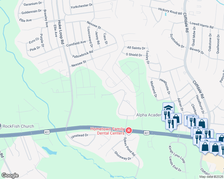 map of restaurants, bars, coffee shops, grocery stores, and more near 5600 Fountain Grove Loop in Fayetteville