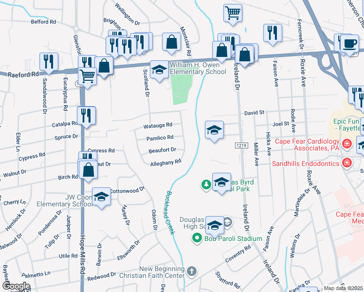 map of restaurants, bars, coffee shops, grocery stores, and more near 4701 Beaufort Drive in Fayetteville