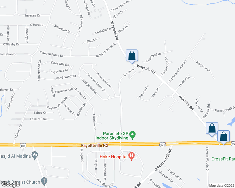 map of restaurants, bars, coffee shops, grocery stores, and more near 122 Wedgefield Drive in Raeford