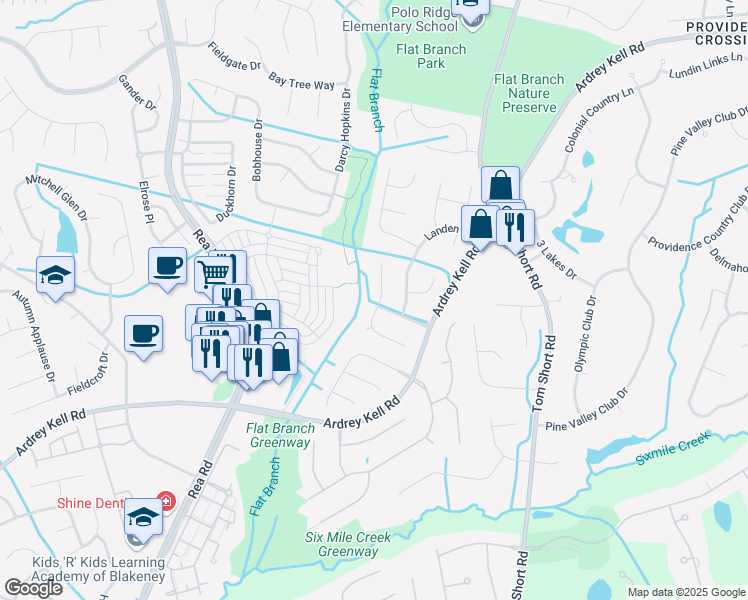 map of restaurants, bars, coffee shops, grocery stores, and more near 6638 Flat Creek Drive in Charlotte