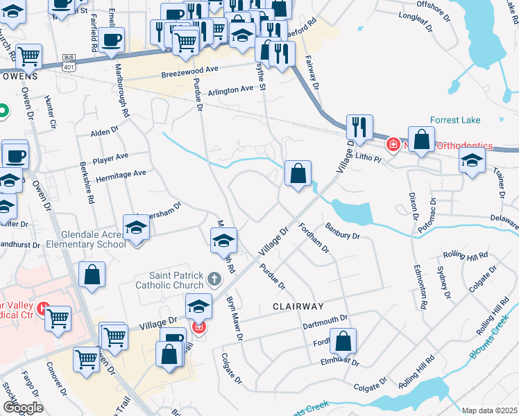 map of restaurants, bars, coffee shops, grocery stores, and more near 1919 Fordham Drive in Fayetteville