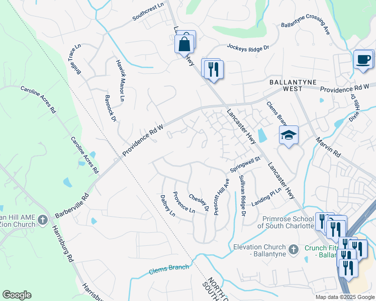 map of restaurants, bars, coffee shops, grocery stores, and more near 12329 Paperbark Circle in Charlotte