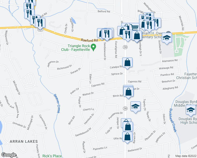 map of restaurants, bars, coffee shops, grocery stores, and more near 5207 Spruce Drive in Fayetteville