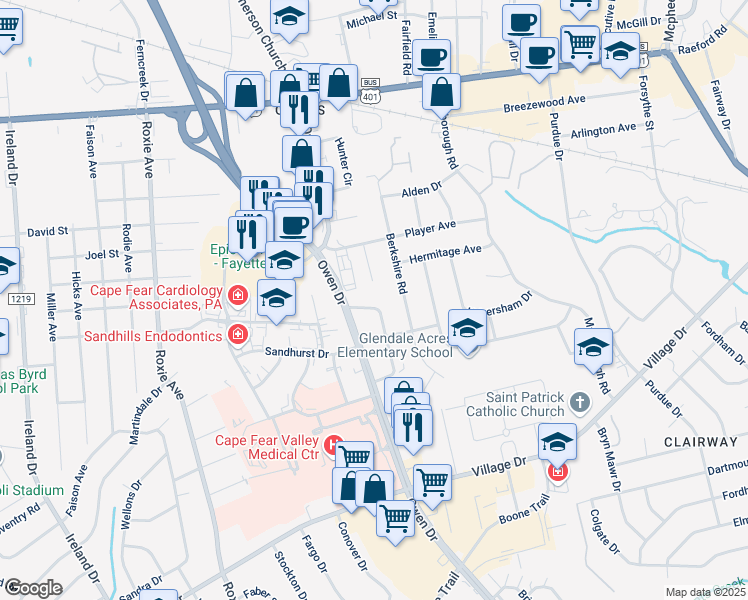 map of restaurants, bars, coffee shops, grocery stores, and more near 507 Terry Circle in Fayetteville