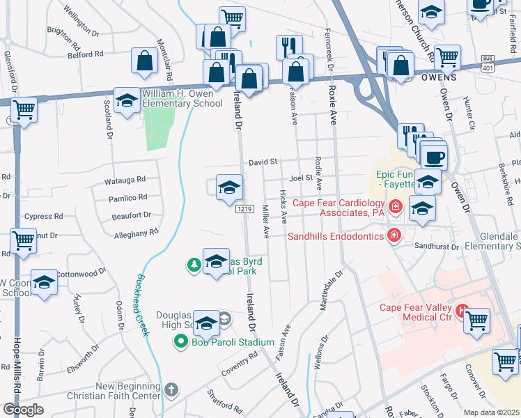map of restaurants, bars, coffee shops, grocery stores, and more near 1429 Ireland Drive in Fayetteville