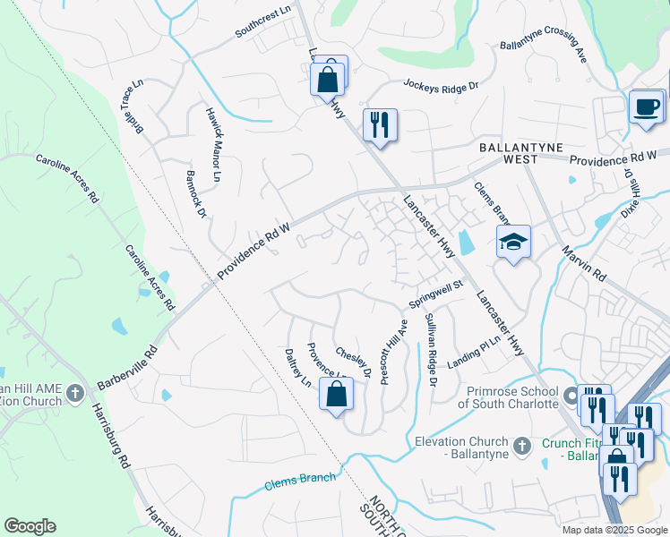 map of restaurants, bars, coffee shops, grocery stores, and more near 12329 Paperbark Circle in Charlotte