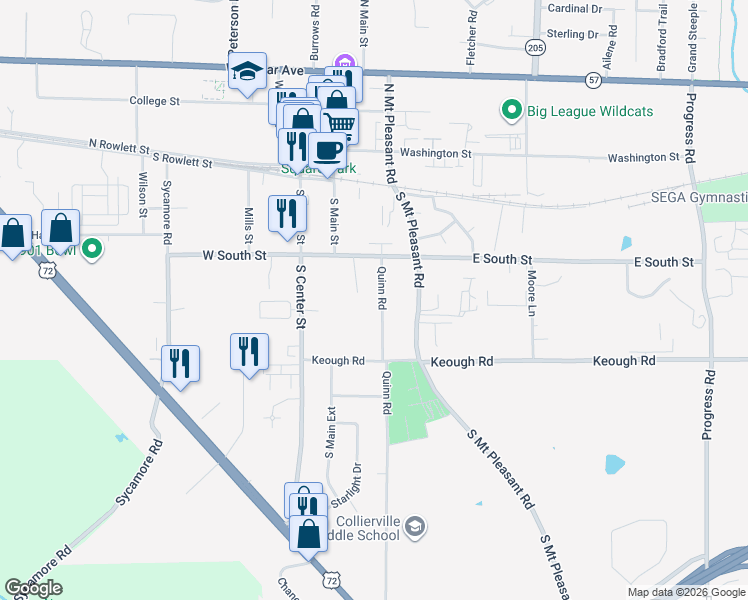 map of restaurants, bars, coffee shops, grocery stores, and more near 291 Quinn Road in Collierville