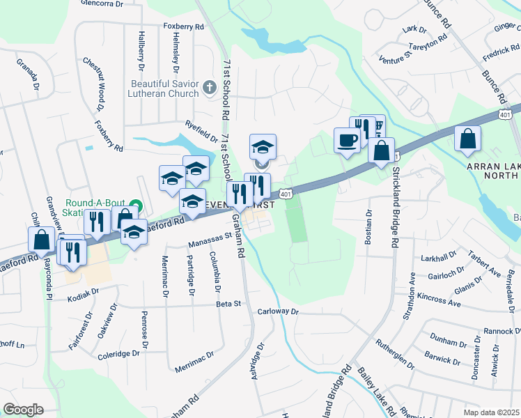 map of restaurants, bars, coffee shops, grocery stores, and more near 6771 Raeford Road in Fayetteville