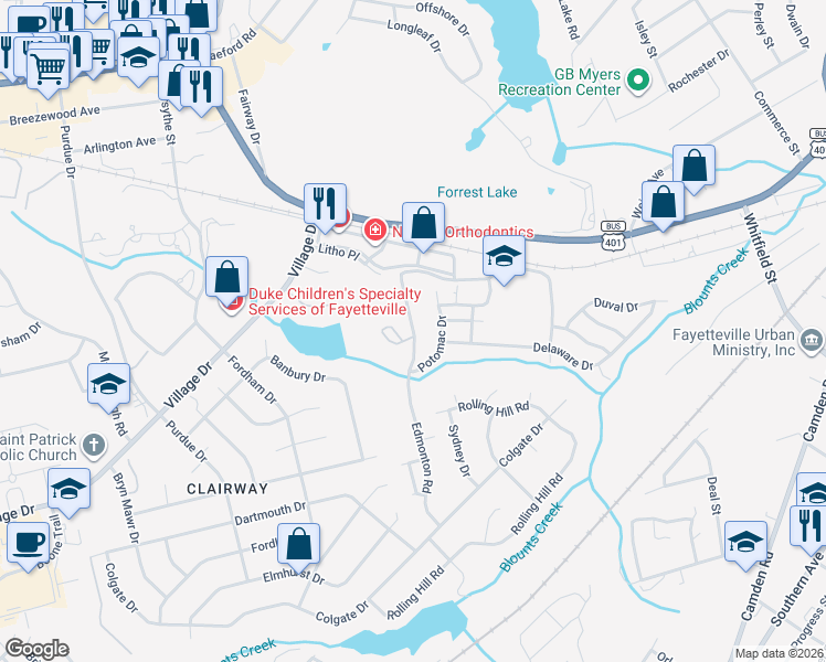 map of restaurants, bars, coffee shops, grocery stores, and more near Dixon Drive in Fayetteville