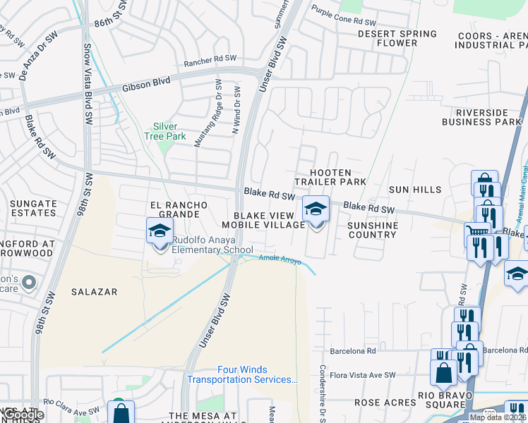 map of restaurants, bars, coffee shops, grocery stores, and more near 4500 Joel Place in Albuquerque