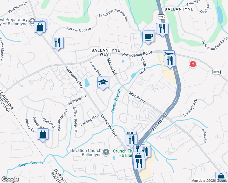 map of restaurants, bars, coffee shops, grocery stores, and more near 11727 Clems Branch Drive in Charlotte