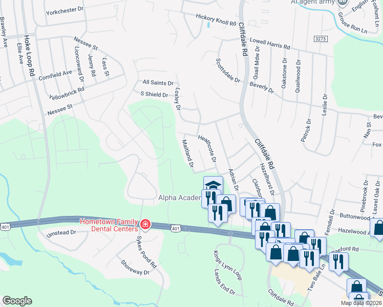 map of restaurants, bars, coffee shops, grocery stores, and more near 2027 Maitland Drive in Fayetteville