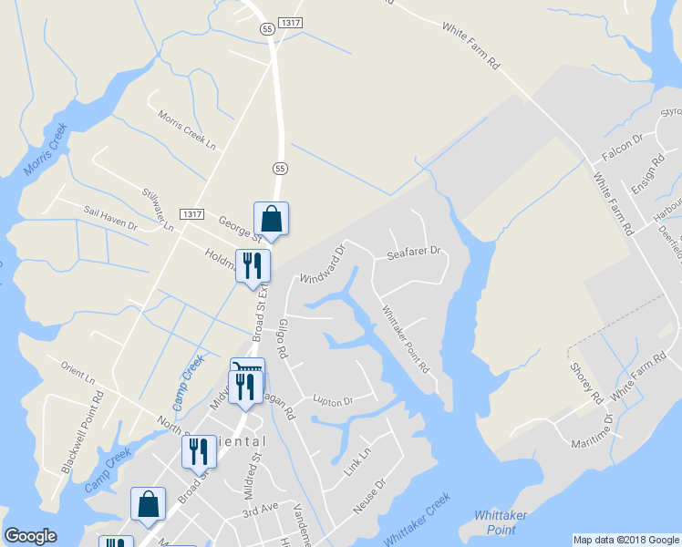 map of restaurants, bars, coffee shops, grocery stores, and more near 614 Windward Drive in Oriental