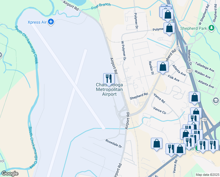 map of restaurants, bars, coffee shops, grocery stores, and more near 1001 Airport Road in Chattanooga