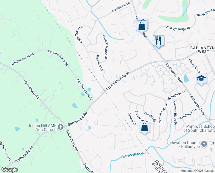 map of restaurants, bars, coffee shops, grocery stores, and more near 12505 Stirling Trace Court in Charlotte