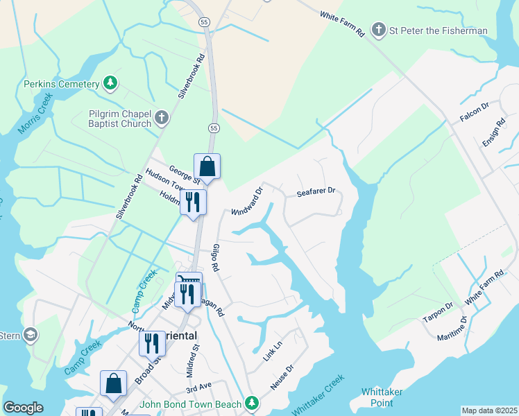map of restaurants, bars, coffee shops, grocery stores, and more near 614 Windward Drive in Oriental