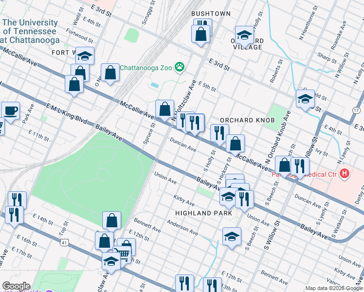 map of restaurants, bars, coffee shops, grocery stores, and more near 1400 Duncan Avenue in Chattanooga