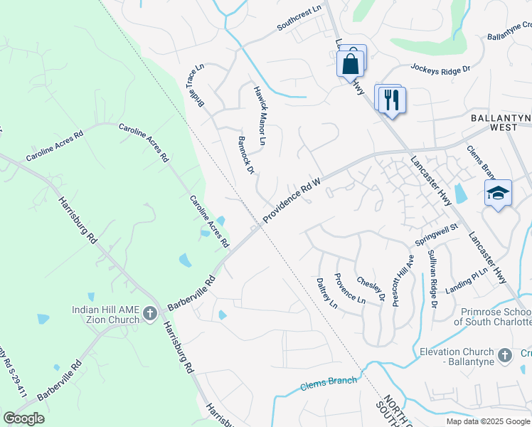 map of restaurants, bars, coffee shops, grocery stores, and more near 12505 Stirling Trace Court in Charlotte