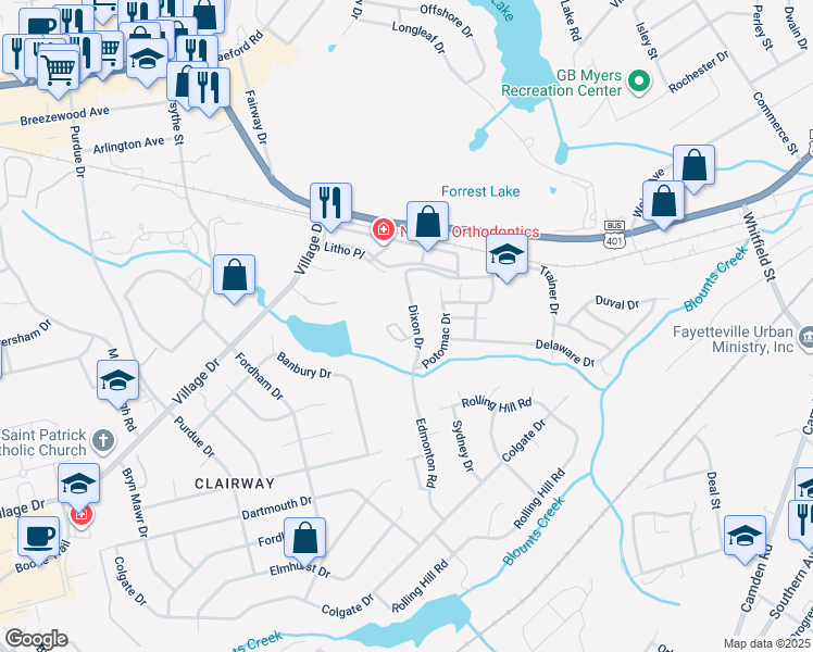 map of restaurants, bars, coffee shops, grocery stores, and more near 812 Sage Creek Lane in Fayetteville