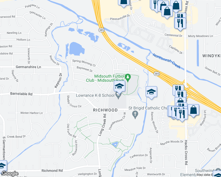 map of restaurants, bars, coffee shops, grocery stores, and more near 4064 Long Creek Road in Memphis