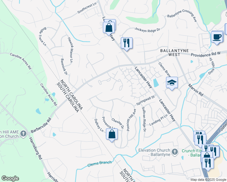 map of restaurants, bars, coffee shops, grocery stores, and more near 12341 Paperbark Circle in Charlotte