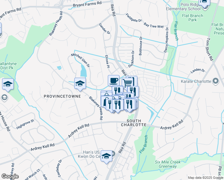 map of restaurants, bars, coffee shops, grocery stores, and more near 9870 Rea Road in Charlotte