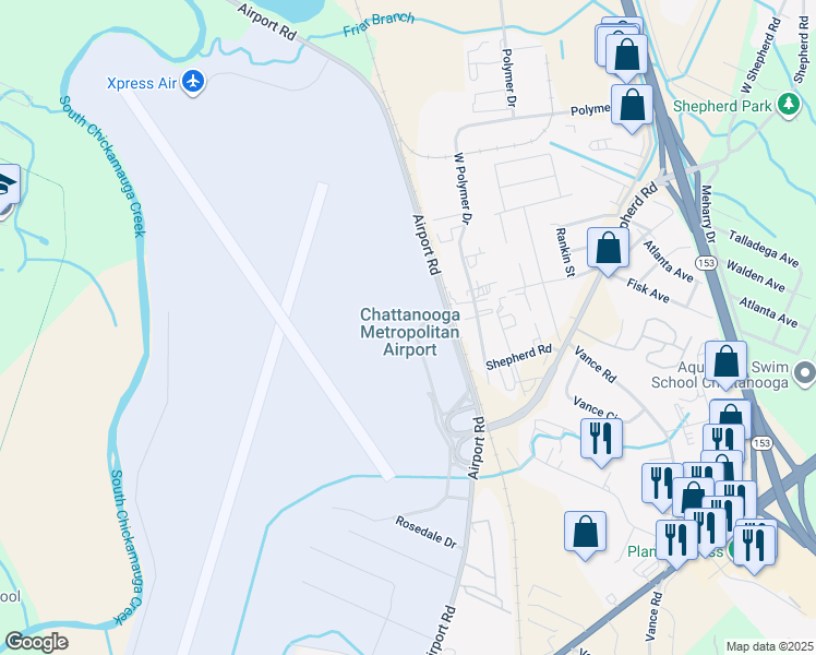 map of restaurants, bars, coffee shops, grocery stores, and more near 1001 Airport Road in Chattanooga