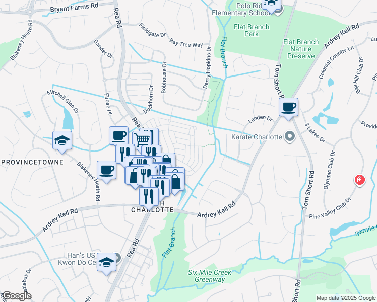 map of restaurants, bars, coffee shops, grocery stores, and more near 10454 Alexander Martin Avenue in Charlotte
