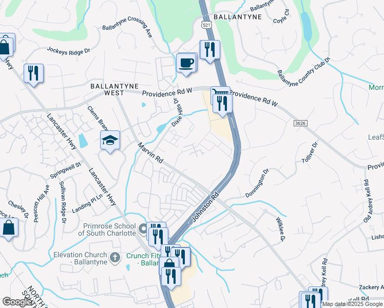 map of restaurants, bars, coffee shops, grocery stores, and more near Kingsley View Dr in Charlotte