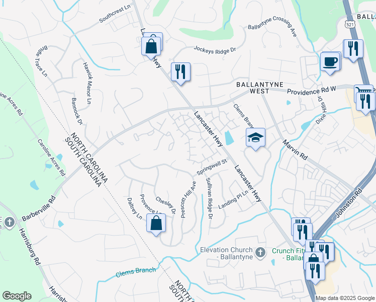 map of restaurants, bars, coffee shops, grocery stores, and more near 12136 Valley Oak Street in Charlotte