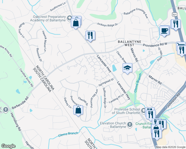 map of restaurants, bars, coffee shops, grocery stores, and more near 12136 Valley Oak Street in Charlotte