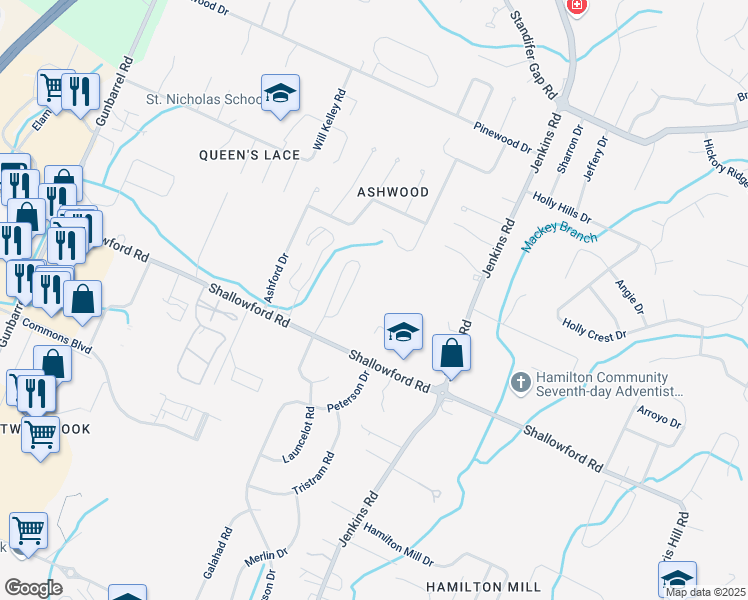 map of restaurants, bars, coffee shops, grocery stores, and more near 7719 Shallowford Road in Chattanooga