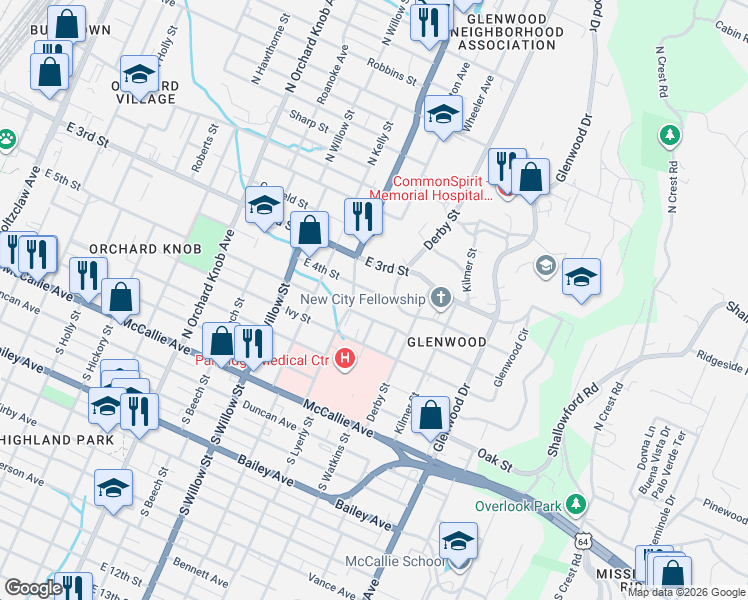 map of restaurants, bars, coffee shops, grocery stores, and more near 2313 East 5th Street in Chattanooga