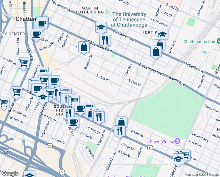 map of restaurants, bars, coffee shops, grocery stores, and more near 824 East 12th Street in Chattanooga