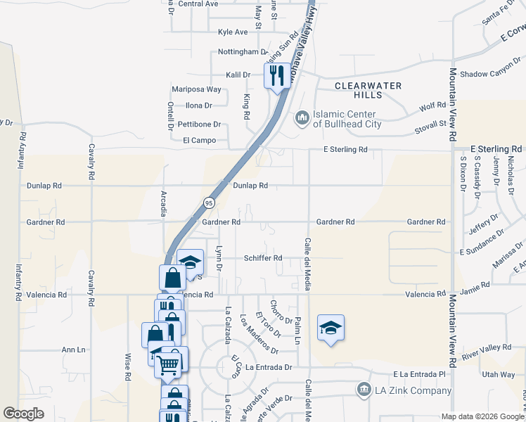 map of restaurants, bars, coffee shops, grocery stores, and more near 1673 Gardner Road in Fort Mohave