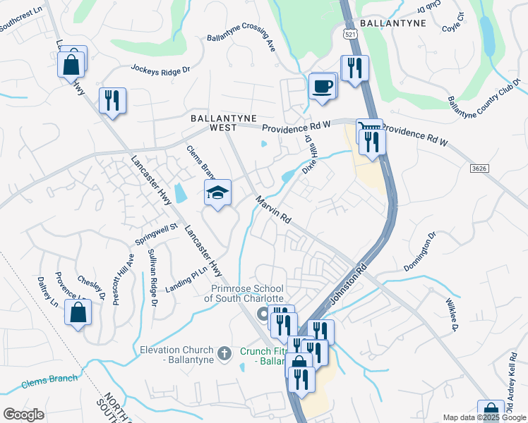 map of restaurants, bars, coffee shops, grocery stores, and more near 15405 Tully House Court in Charlotte